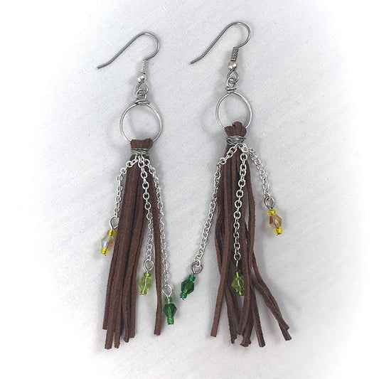 Swinging Vines - Bulb of Life Wood Element Suede Fringe Long Tassel Cluster Earrings