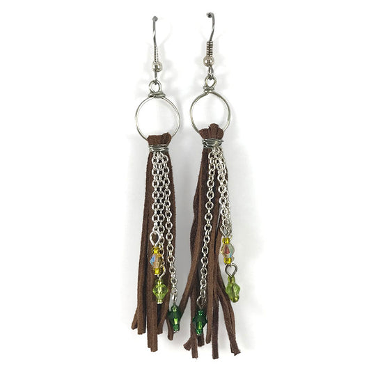 Swinging Vines - Bulb of Life Wood Element Suede Fringe Long Tassel Cluster Earrings