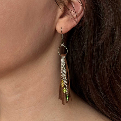 Swinging Vines - Bulb of Life Wood Element Suede Fringe Long Tassel Cluster Earrings